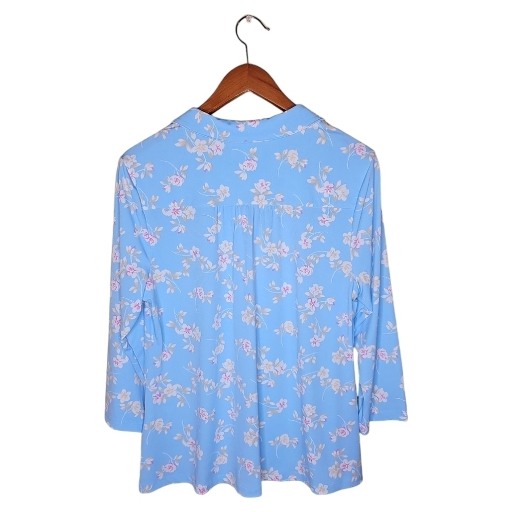 Charter Club Sky Blue Floral Print 3/4 Sleeve Top Size L - Picture 3 of 9
